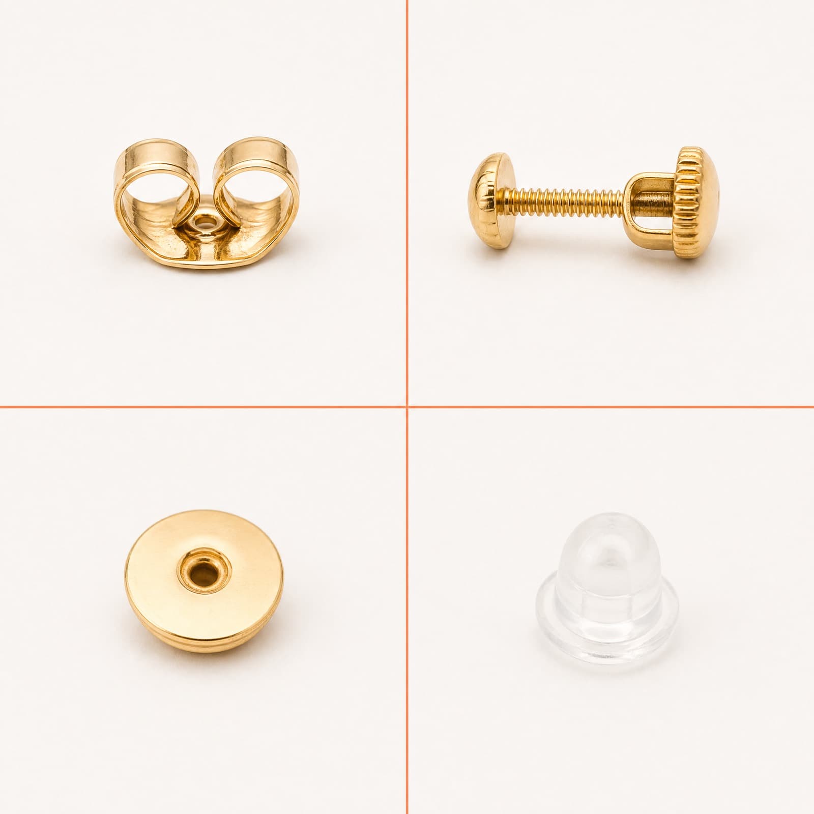 Four earring back types shown together: butterfly clutch, screw-back, flat push-fit and silicone