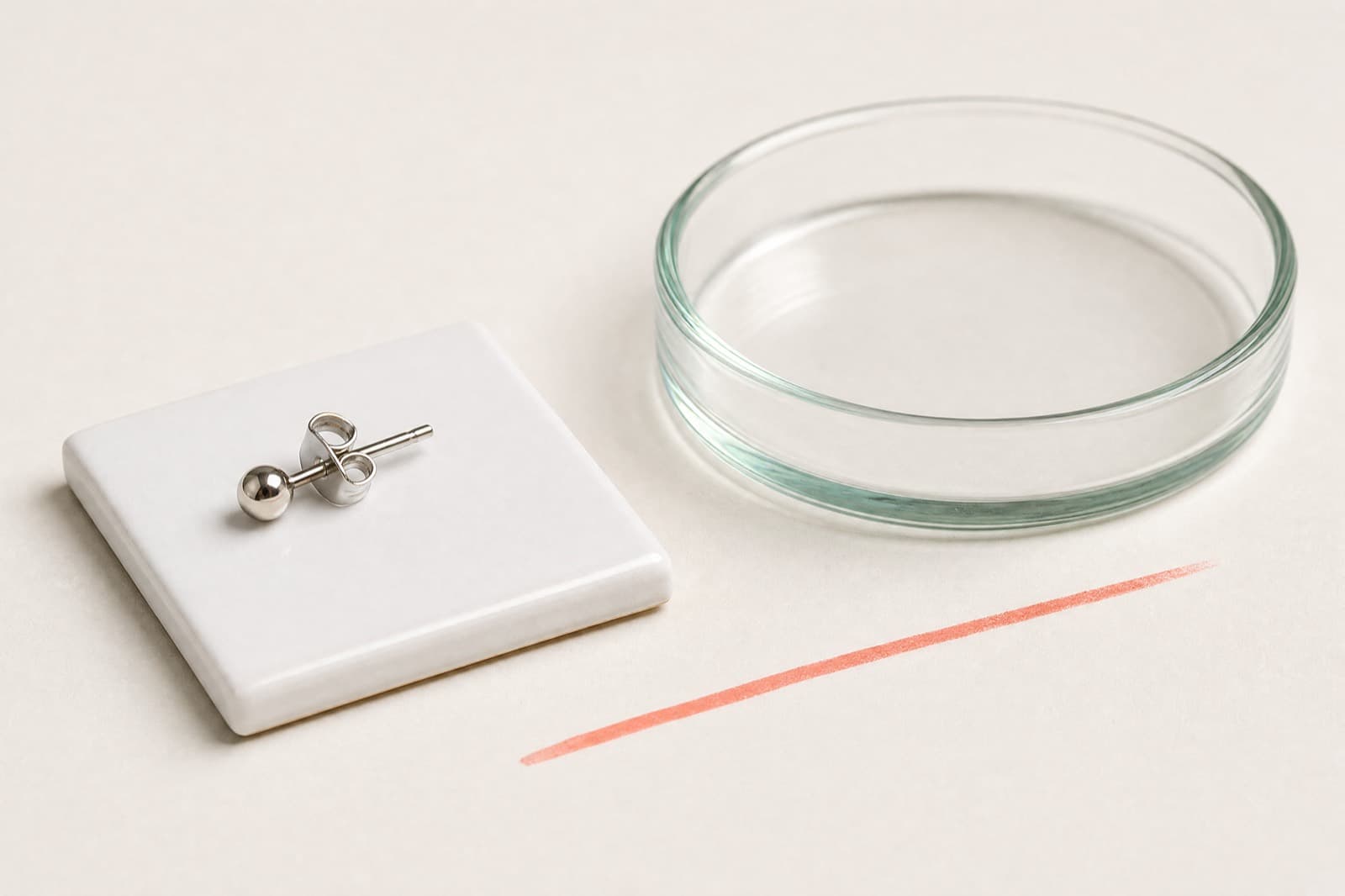 An earring post resting on a white test tile beside laboratory glassware
